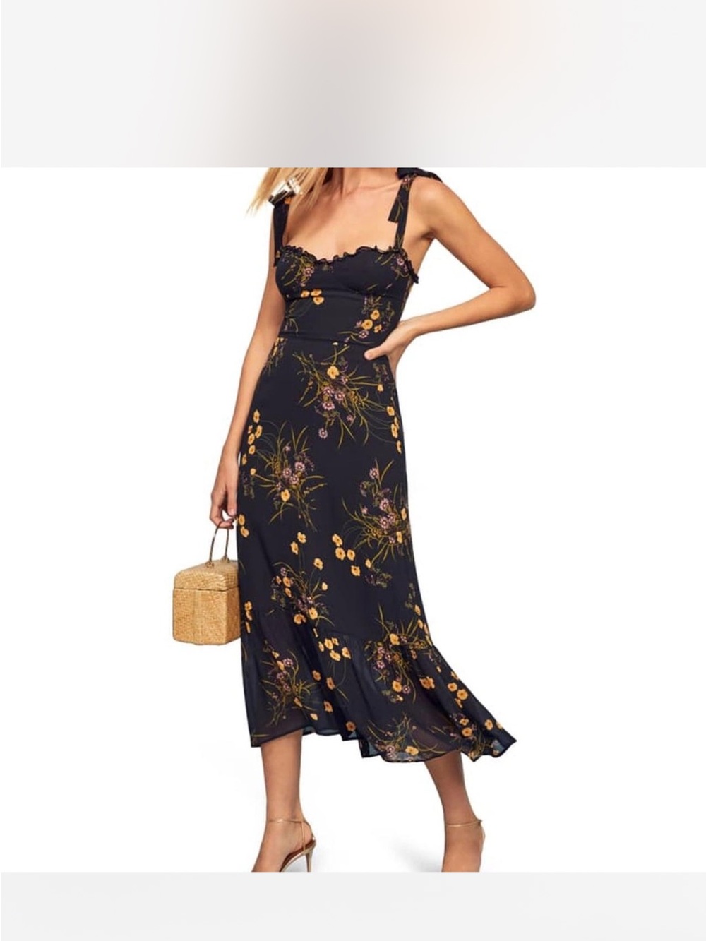 Reformation Black Floral Tie-Shoulder Midi Dress